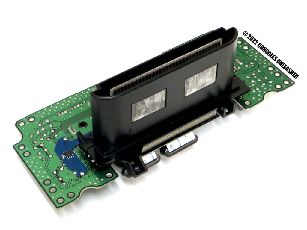 Full bottom side PCB showing Sega 32X Auto Hertz No Wire Quick Solder Board mod kit installed.