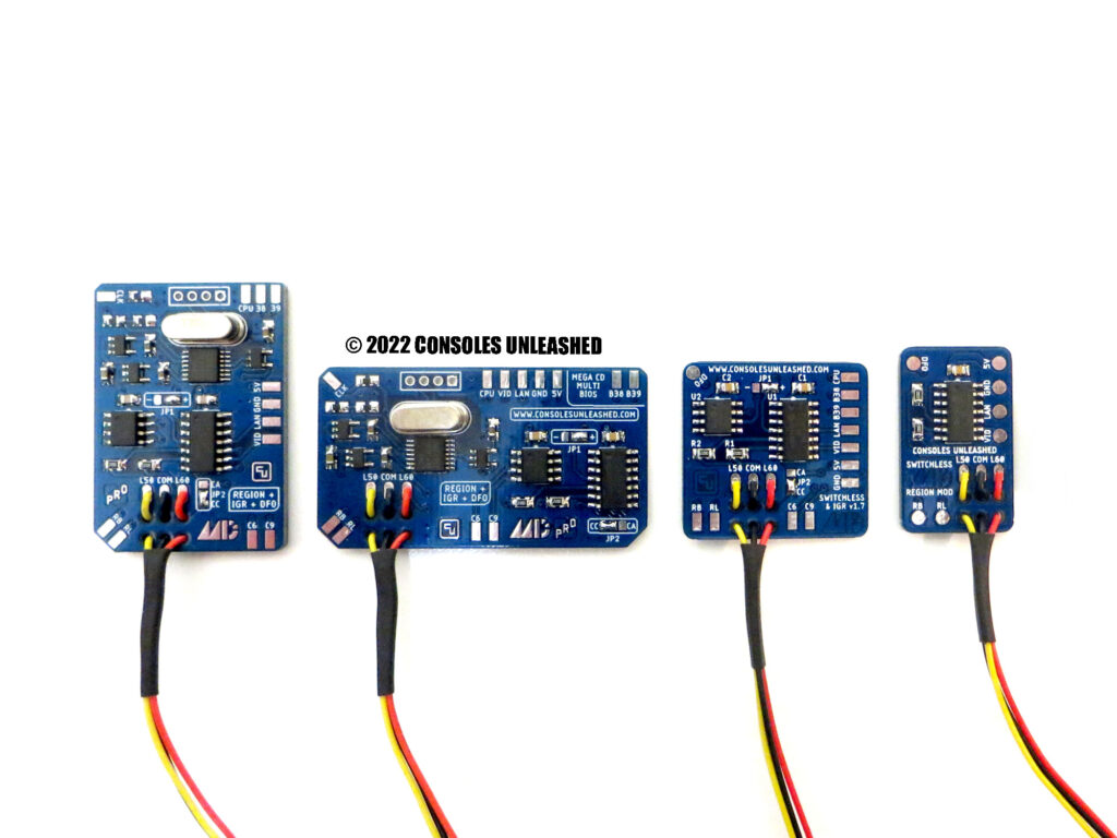All four variations of Consoles Unleashed Sega Mega Drive switchless region mods in a straight row.