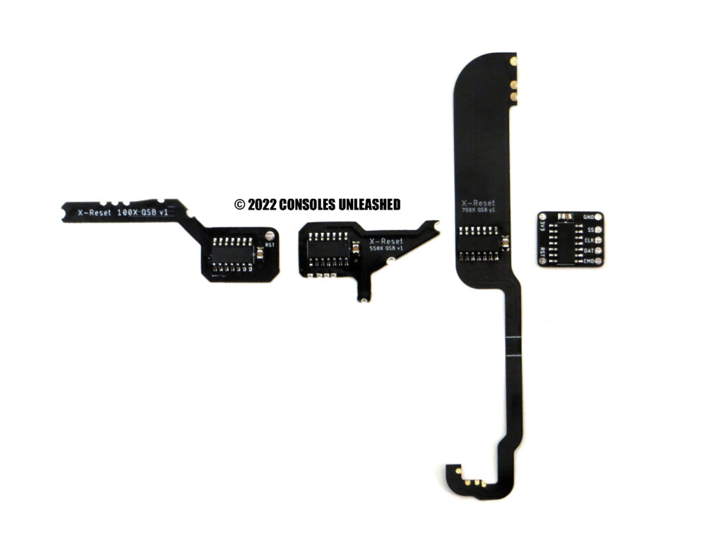 One of each different Sony PlayStation X-Reset mod kit placed in a straight line.