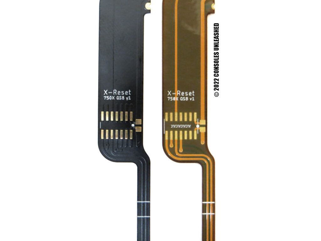 Close up of middle sections of Sony PlayStation X-Reset 750X flex PCB & the prototype version.